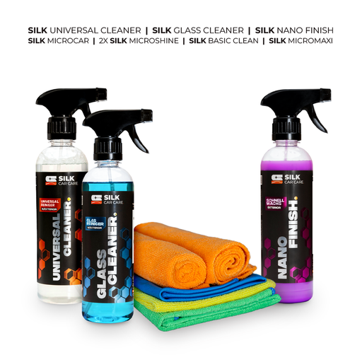 SILK Autoaußenpflege Paket – Komplettes Set mit Nano Finish, Universal Cleaner, Glass Cleaner und Mikrofaser-Tüchern für gründliche Fahrzeugaußenreinigung und glänzende Oberflächen
