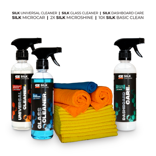 SILK Autoinnenpflege Paket – Komplettes Set mit Universal Cleaner, Glass Cleaner, Dashboard Care und Mikrofaser-Tüchern für gründliche Reinigung und Pflege des Fahrzeuginnenraums
