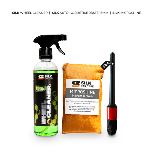 SILK Standard Felgenreinigungspaket – 3-teiliges Set mit Wheel Cleaner, 16 mm Auto-Kosmetikpinsel und Mikrofasertuch für effektive, kratzfreie Felgenreinigung
