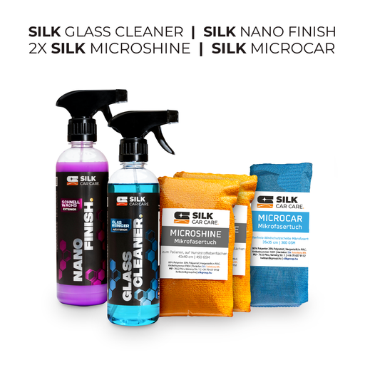 Silk Standardpaket – Autopflege-Einstiegspaket mit Nano Finish, Glass Cleaner und Mikrofaser-Tüchern für streifenfreie Glasreinigung und spiegelnden Polierglanz
